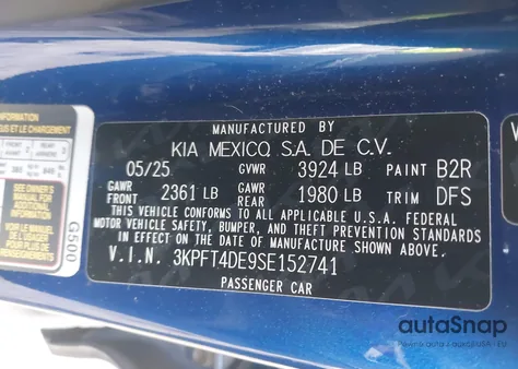 2025 Kia K4 Lxs из США, поврежденный, VIN 3KPFT4DE9SE152741